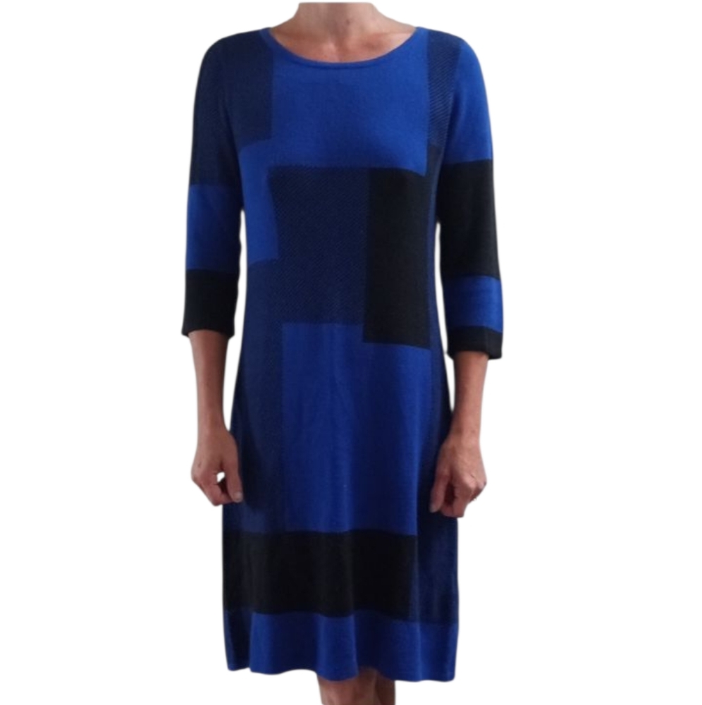 💫 Simons/Contemporaine Elegant Blue/Black Color Block 3/4 Sleeve Midi Dress
